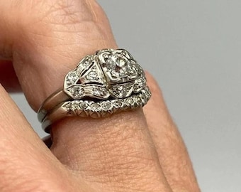 Conjunto nupcial vintage de estilo cuadrado, anillo de oro blanco con diamantes estilo Art Déco, anillo de compromiso con banda contorneada, conjunto nupcial antiguo