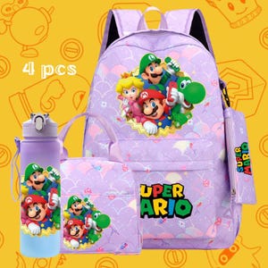 Super Mario Backpack Set 4pc, Purple Princess Peach Mario Luigi Yoshi School Bag, Kids Lunch Bag Water Bottle Pencil Case