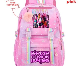 Kpop Demon Hunters Pink Backpack for Girls – Cute School Bag with Free Keychain, Aesthetic Kpop Style Bookbag for Kids & Teens