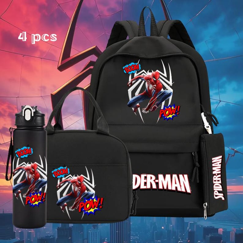 Spider-Man 4-Piece School Set: Backpack, Insulated Lunch Bag, Pencil Case, & Water Bottle - Superhero Fan Gift Bundle