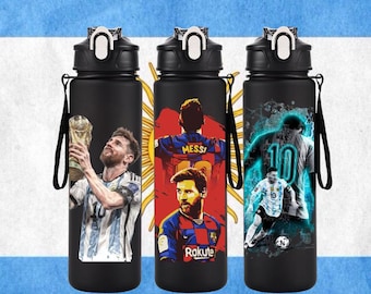 Botella de agua Lionel Messi 750ml, Petaca Messi Argentina Campeón Mundial, Botella deportiva de 25oz Leyenda del Fútbol, Regalo para Fans Leo Messi GOAT