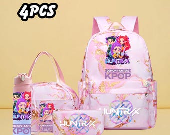 Kpop Demon Hunter Backpack 4PCS Set, Pastel Anime Bookbag Rucksack for Girls, Cute Kawaii School Bag with Lunch Bag Bottle Case
