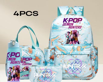 Kpop Demon Hunter 4-Piece Backpack Set, Cartoon Graphic School Bag with Lunch Tote