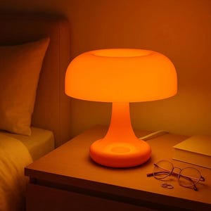 Lampe de table LED champignon rétro : veilleuse Mid-Century Orange, bleu, blanc