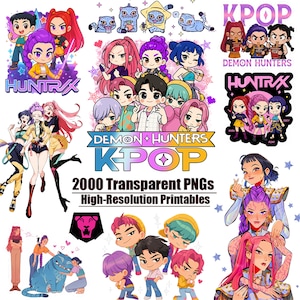May include: A collection of colorful digital art prints featuring KPOP-themed characters and the text "DEMON HUNTERS KPOP" and "HUNTRAX". The prints include various cartoon figures and the text "2000 Transparent PNGs High-Resolution Printables".