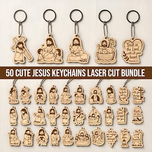 Puede incluir: Una colección de llaveros de madera cortados con láser que presentan diversas ilustraciones religiosas y textos. Los diseños incluyen a Jesús con niños, un cordero, un barco y citas como Trust in the Lord with all your heart.