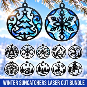 May include: A collection of circular laser-cut ornaments featuring winter themes including a Christmas tree, snowflake, bell, poinsettia, cardinal, reindeer, lantern, cabin, forest, and snowman. Two large ornaments feature blue stained glass inserts.