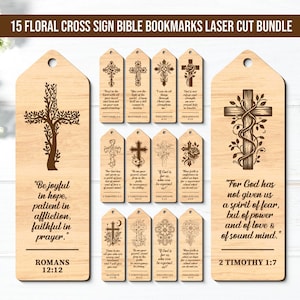 May include: A set of 15 laser-cut wooden bookmarks with floral cross designs. Each bookmark features a unique cross illustration and a Bible verse. The bookmarks are a light brown color and are ideal for religious reading.