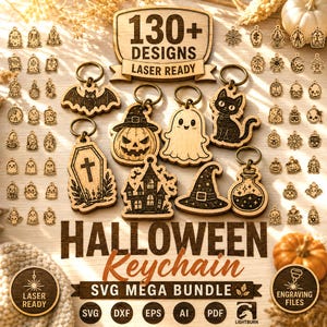 May include: A collection of wooden Halloween-themed keychains featuring laser-engraved designs of bats, pumpkins, ghosts, cats, coffins, haunted houses, witch hats, and potion bottles, presented as a digital SVG mega bundle with 130+ designs.