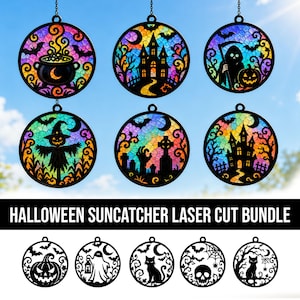 Peut inclure: Une collection d'attrape-soleil circulaires pour Halloween présentant des silhouettes noires découpées au laser de chaudrons, maisons hantées, faucheuses, épouvantails, pierres tombales, citrouilles, fantômes, chats et crânes sur des motifs vitraux colorés.