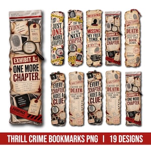 Puede incluir: Una colección de diecinueve marcapáginas rectangulares con temática de investigación criminal. Cada marcapáginas muestra elementos forenses como huellas dactilares, lupas, etiquetas de evidencia y textos como Exhibit A: One More Chapter.