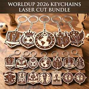 May include: A collection of laser-cut wooden keychains featuring soccer-themed designs, including trophies, globes, soccer balls, and stadiums. The text "WORLDUP 2026 KEYCHAINS LASER CUT BUNDLE" is displayed at the top of the image above the keychains.