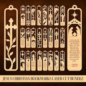 May include: A collection of light-colored wooden bookmarks featuring intricate laser-cut designs of Christian symbols, figures, and Bible verses. Each rectangular bookmark includes a hole at the top and displays unique religious imagery and text.