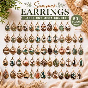 Summer Earrings SVG Bundle, Wood Earring, summer jewelry laser cut, sea life earring, wooden earrings template, beach svg, Glowforge svg
