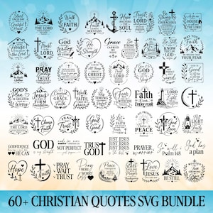 May include: A collection of 60 black graphic designs featuring Christian quotes, crosses, hearts, mountains, and anchors. The text includes phrases like 'Trust in the Lord', 'Faith can move mountains', and 'God is good' arranged in various circular and decorative layouts.