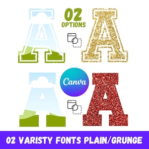 May include: Image featuring two varsity letter "A" designs. One is gold glitter, the other is red glitter. Two additional "A" designs are shown in a plain and grunge style. The text "02 OPTIONS" and "Canva" are also visible.