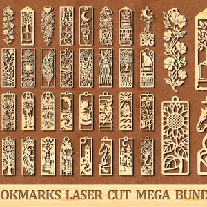Puede incluir: Una colección de marcapáginas rectangulares de madera con intrincados diseños cortados con láser que incluyen árboles, flores, animales y textos como 'BOOK LOVER' y 'DREAM BIG'. El conjunto lleva la etiqueta 'BOOKMARKS LASER CUT MEGA BUNDLE'.