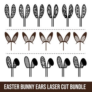 Könnte beinhalten: Eine Sammlung lasergeschnittener Osterhasenohren in verschiedenen Designs. Die Ohren sind in Schwarz und Braun gehalten und weisen komplizierte Muster und Formen auf. Der Text "EASTER BUNNY EARS LASER CUT BUNDLE" befindet sich unten.