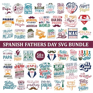 Op de afbeelding: Een verzameling kleurrijke Spaanse Vaderdag SVG-ontwerpen. De ontwerpen bevatten zinnen als "Feliz Día del Padre" en "El Mejor Papá" in verschillende lettertypen en stijlen, met decoratieve elementen.