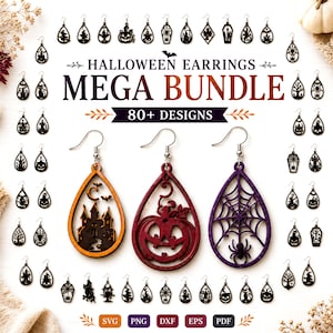 May include: A digital collection of Halloween earring designs featuring over 80 laser-cut patterns. The display includes an orange haunted house, a red pumpkin, and a purple spiderweb earring, with various black silhouettes surrounding the text.