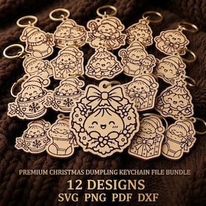 May include: A collection of twelve wooden keychains featuring engraved Christmas-themed dumpling characters. The designs include dumplings in gift boxes, stockings, mugs, and wreaths. Text reads: PREMIUM CHRISTMAS DUMPLING KEYCHAIN FILE BUNDLE 12 DESIGNS SVG PNG PDF DXF.