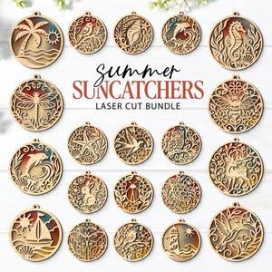 May include: A collection of circular laser-cut wooden suncatchers featuring intricate nature-themed designs including animals, insects, and coastal scenes. The text "summer SUNCATCHERS LASER CUT BUNDLE" is centered among the wooden ornaments.