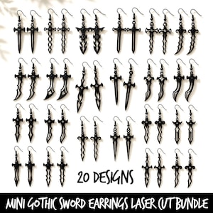 Puede incluir: Una colección de 20 pares de pendientes negros con forma de espada con varios diseños de hoja y cierres de gancho. El texto 20 DESIGNS y MINI GOTHIC SWORD EARRINGS LASER CUT BUNDLE está impreso en la parte inferior de la imagen.