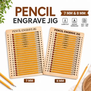 May include: Two rectangular wooden pencil engraving jigs with slots for 7 mm and 8 mm pencils. Each jig features numbered rows from 1 to 20 with star icons. The text PENCIL ENGRAVE JIG is printed at the top of each board, with sample names engraved on pencils.