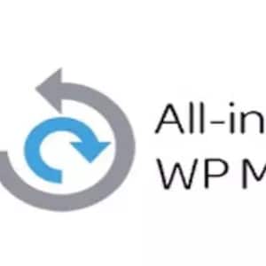 Peut inclure: L'image présente le texte "All-in-One WP Migration" en noir, à côté d'un graphique circulaire avec un design de flèches grises et bleues. Le graphique suggère un processus ou un transfert.