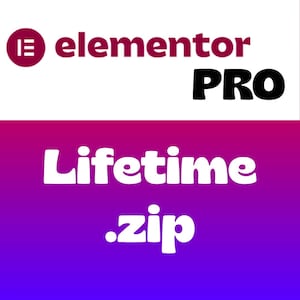 Peut inclure: L'image présente le logo Elementor Pro avec le mot "PRO" en gras noir. En dessous, le texte "Lifetime .zip" est affiché en blanc sur un fond dégradé violet et bleu. Le logo Elementor est un "E" blanc à l'intérieur d'un cercle rouge.