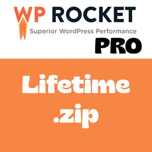 Può includere: Grafica promozionale per WP Rocket, un plugin per le prestazioni di WordPress. Il logo presenta il testo "WP ROCKET" in bianco e nero, con un'icona a forma di razzo stilizzata arancione e gialla. Sotto, si legge "Superior WordPress Performance PRO" e "Lifetime .zip" in bianco su sfondo arancione.