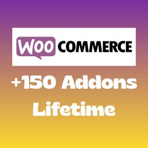 Può includere: Il logo WooCommerce in bianco e viola, con la parola «COMMERCE» in nero. Sotto, il testo recita «+150 Addons Lifetime» in bianco su uno sfondo sfumato viola, arancione e giallo.