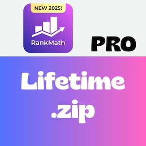 Op de afbeelding: Een digitale afbeelding met het RankMath-logo, een paarse vierkant met een witte staafdiagram en pijl. Het woord "PRO" staat vetgedrukt in zwarte letters. De tekst "Lifetime .zip" staat in het wit op een verloopachtergrond.