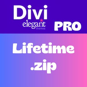 Könnte beinhalten: Grafik mit dem Wort "Divi" in Weiß, über "elegant themes" und "PRO" auf lila Hintergrund. Darunter sind die Worte "Lifetime .zip" in Weiß auf einem Blau- und Rosa-Farbverlauf dargestellt.