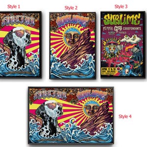 May include: Framed art prints featuring vibrant designs. One print showcases a Dalmatian dog wearing sunglasses in ocean waves. Another features a sun face and rock formation. The third print has a concert poster design with text "Pepper, Codefendants".