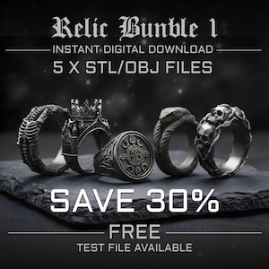 Op de afbeelding: Vijf gedetailleerde, donkere metalen ringen met gotische en fantasie-ontwerpen, waaronder een skelet, een kroon en een slang. De ringen worden getoond op een donker, getextureerd oppervlak. Tekst bovenaan luidt "Relic Bundle 1" en "Instant Digital Download".