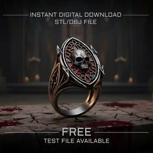 Może przedstawiać: Srebrny pierścień z motywem czaszki. Pierścień ma owalny środek z czaszką i czerwonym tłem. Widoczny jest tekst "INSTANT DIGITAL DOWNLOAD STL/OBJ FILE" oraz "FREE TEST FILE AVAILABLE".