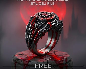 May include: A metallic ring featuring intricate dark grey carvings and bright red accents resembling liquid drips. The top displays a circular emblem with a cross-like design. Text reads: INSTANT DIGITAL DOWNLOAD STL/OBJ FILE and FREE TEST FILE AVAILABLE.