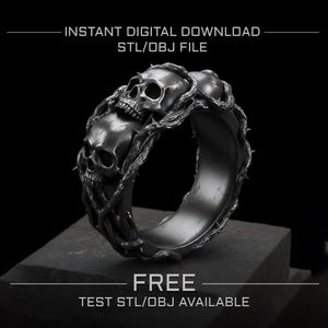 Gothic Skull Ring STL OBJ | Dark Fantasy Jewelry Model | Macabre Ring 3D Print File | Horror Jewelry Design for Metal Casting | 3D Model