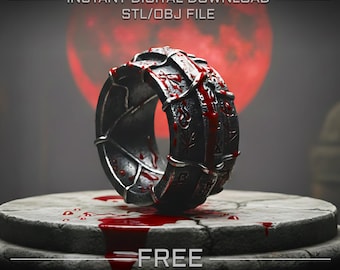 May include: A dark metallic ring with engraved symbols and red liquid splatters. The text reads INSTANT DIGITAL DOWNLOAD STL/OBJ FILE and FREE TEST FILE AVAILABLE. The ring features a textured, segmented band design with a weathered finish.