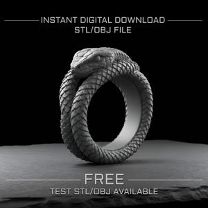 May include: A grey ring shaped like a coiled snake with detailed scales. The text above reads INSTANT DIGITAL DOWNLOAD STL/OBJ FILE and the text below reads FREE TEST STL/OBJ AVAILABLE. The ring has a smooth inner band surface.