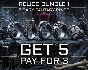 May include: A set of five silver-toned rings featuring intricate designs including a skeletal structure, a gothic crown, a coiled snake, a pair of skulls, and a circular emblem with occult symbols. Text reads RELICS BUNDLE 1 5 DARK FANTASY RINGS GET 5 PAY FOR 3.