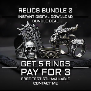 Pode incluir: Uma coleção de cinco anéis prateados com designs góticos e de fantasia. Os anéis apresentam caveiras, cabeças de dragão e padrões intrincados. O texto na imagem diz "RELICS BUNDLE 2" e "GET 5 RINGS PAY FOR 3".