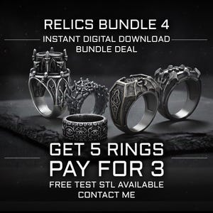 Pode incluir: Imagem promocional mostrando cinco anéis detalhados com temas góticos e de fantasia. Os anéis apresentam designs que incluem caveiras, teias de aranha e padrões geométricos. O texto na imagem diz "RELICS BUNDLE 4" e "GET 5 RINGS PAY FOR 3".