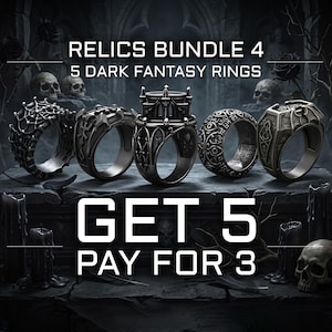Könnte beinhalten: Ein Set aus fünf dunkel getönten Metallringen mit komplexen Designs, darunter ein Spinnennetz, gotische Architektur und symbolische Gravuren. Der Text RELICS BUNDLE 4 5 DARK FANTASY RINGS und GET 5 PAY FOR 3 ist in Weiß abgebildet.