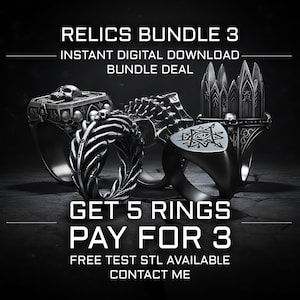 Può includere: Immagine promozionale di cinque anelli gotici dettagliati. Gli anelli presentano disegni intricati, tra cui teschi, elementi scheletrici e motivi geometrici. Il testo recita "RELICS BUNDLE 3" e "GET 5 RINGS PAY FOR 3".