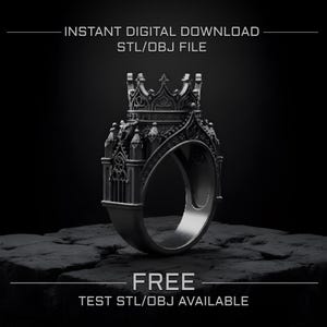 May include: A detailed, dark gray ring with a cathedral design, featuring intricate architectural details and a crown. The image includes the text "INSTANT DIGITAL DOWNLOAD STL/OBJ FILE" and "FREE TEST STL/OBJ AVAILABLE".