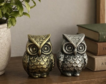 Statuetta di gufo in metallo stile vintage / Decorazione per mensole / Piccola statua per la casa