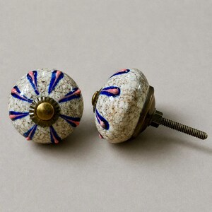 Op de afbeelding: Twee decoratieve keramische kastknoppen. De knoppen zijn wit met een gespikkeld patroon en versierd met blauwe en roze bloemmotieven. Elke knop heeft een messingkleurige basis en een metalen schroefdraad voor installatie.