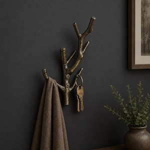 Op de afbeelding: Een bronzen wandkapstok in de vorm van boomtakken. Een bruine handdoek hangt aan een haak en een sleutelbos aan een andere. De kapstok is bevestigd aan een donkergrijze muur.
